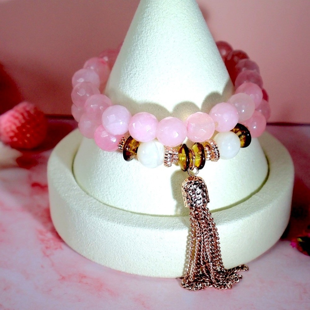 Vintage Genuine Rose Quartz Beaded Tassel Bracelet Set NOS 2pc Rhode Island